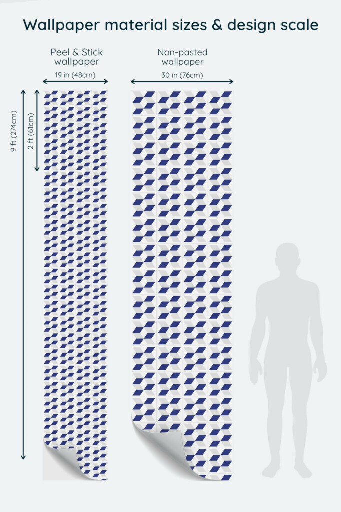 Size comparison of Geometric cube tile Peel & Stick and Non-pasted wallpapers with design scale relative to human figure