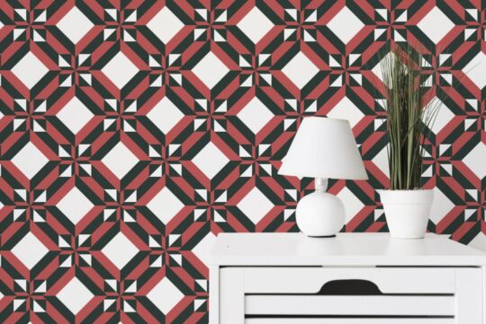 Red and black geometric ornament peel and stick wallpaper