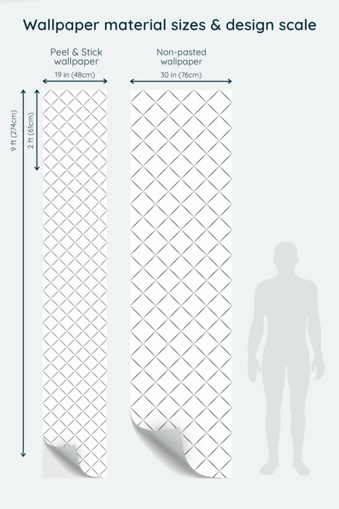 Size comparison of Geometric diamond pattern Peel & Stick and Non-pasted wallpapers with design scale relative to human figure