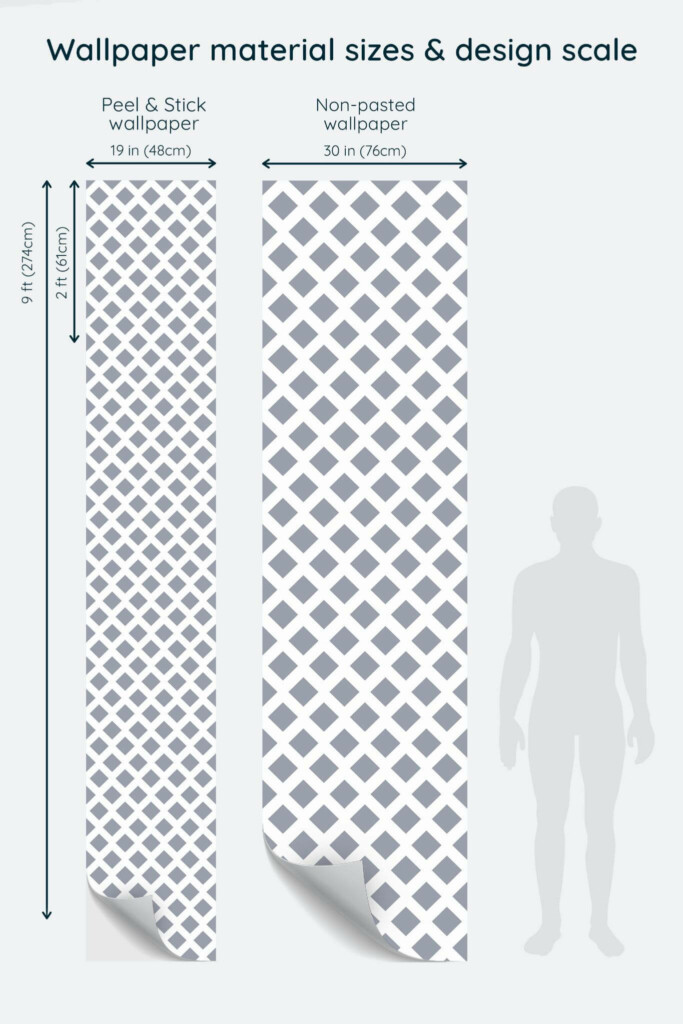 Size comparison of Geometric diamond shape Peel & Stick and Non-pasted wallpapers with design scale relative to human figure