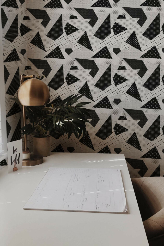 Rustic style home office decorated with Geometric dotted peel and stick wallpaper