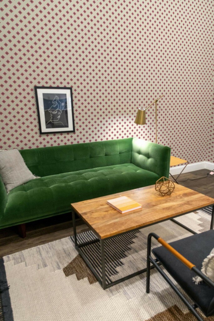 Mid-century modern living room decorated with Geometric floral squares peel and stick wallpaper and forest green sofa