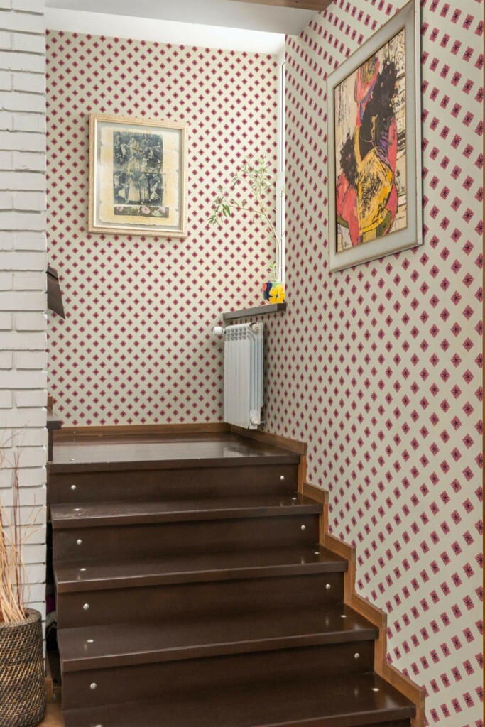 Mid-century style staircase decorated with Geometric floral squares peel and stick wallpaper