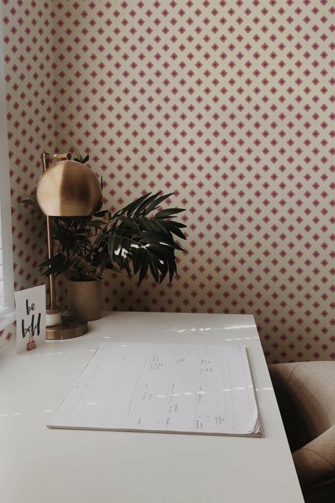 Rustic style home office decorated with Geometric floral squares peel and stick wallpaper