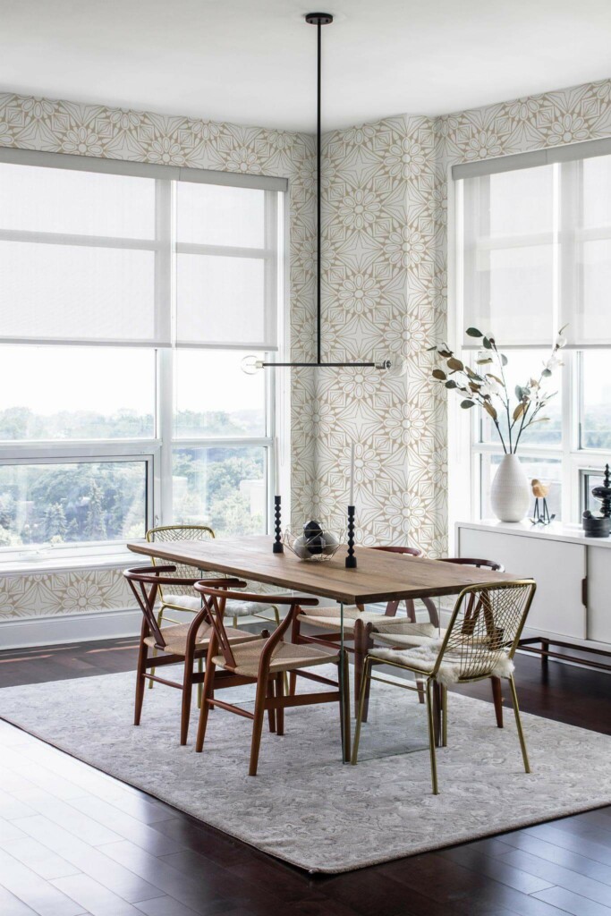 Modern minimalist style dining room decorated with Geometric floral themed peel and stick wallpaper