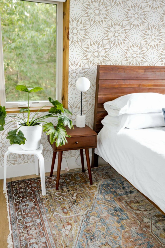 Rustic style bedroom decorated with Geometric floral themed peel and stick wallpaper