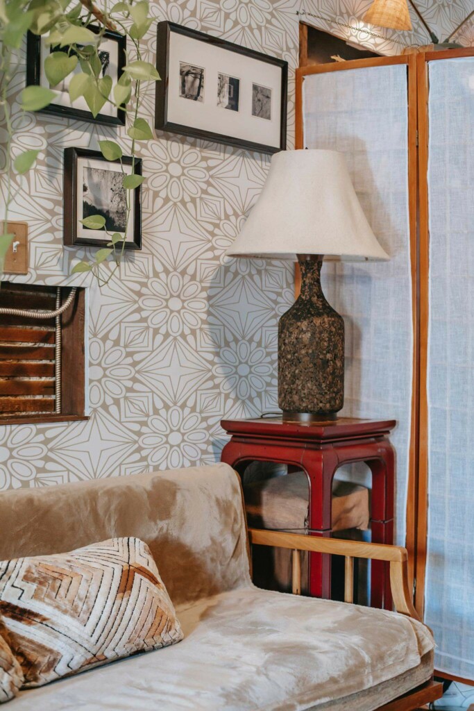 Southwestern style living room decorated with Geometric floral themed peel and stick wallpaper