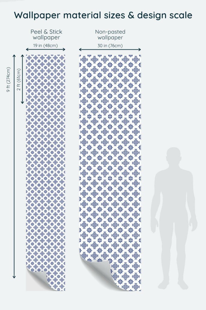 Size comparison of Geometric floral tile Peel & Stick and Non-pasted wallpapers with design scale relative to human figure