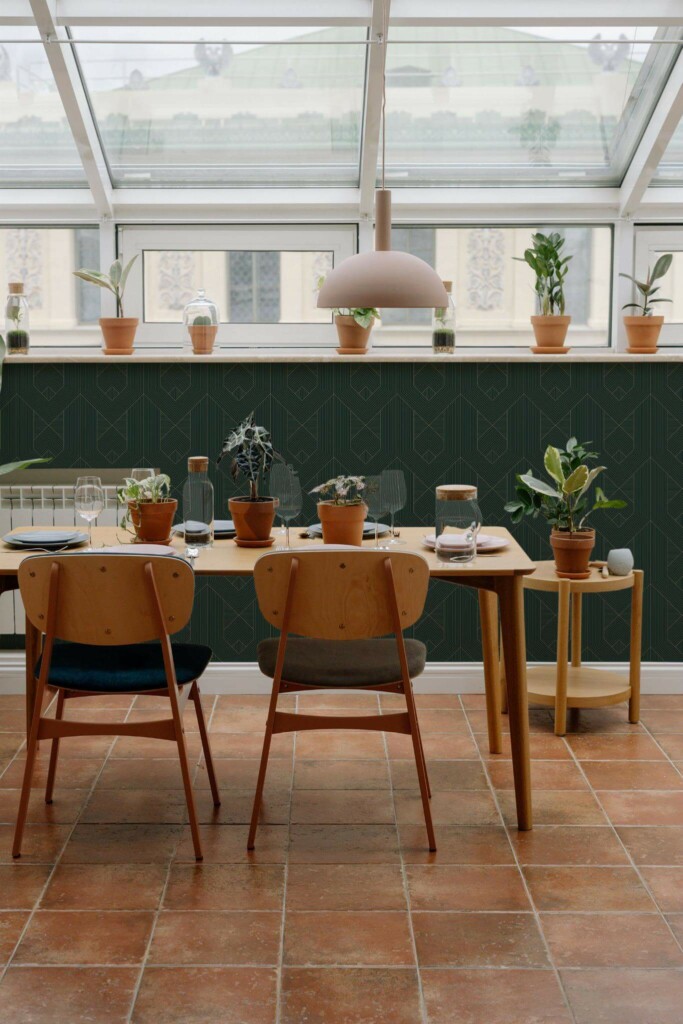 MId-century modern style dining room on a balcony decorated with Geometric green art deco peel and stick wallpaper