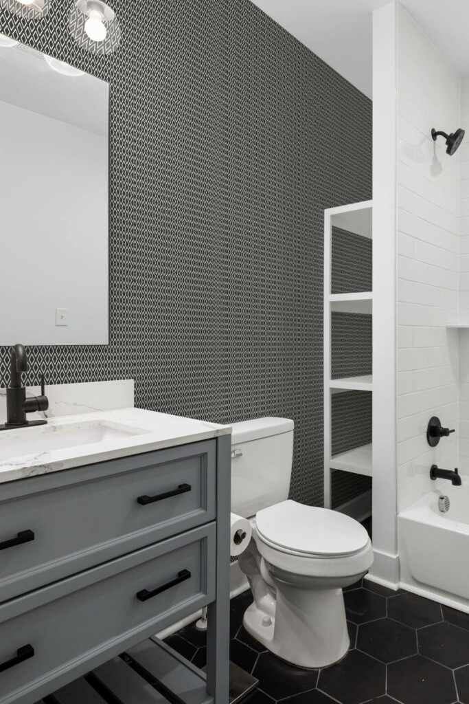 Scandinavian style bathroom decorated with Geometric Harlequin peel and stick wallpaper