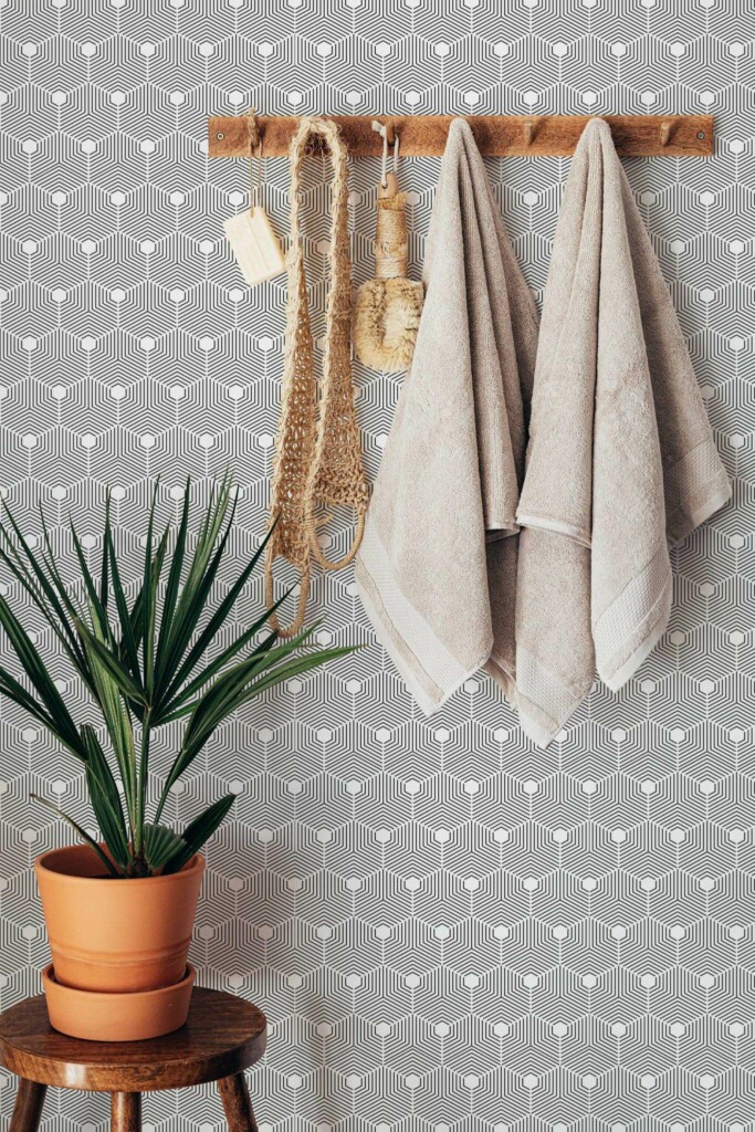 Boho style bathroom decorated with Geometric Hexagon peel and stick wallpaper