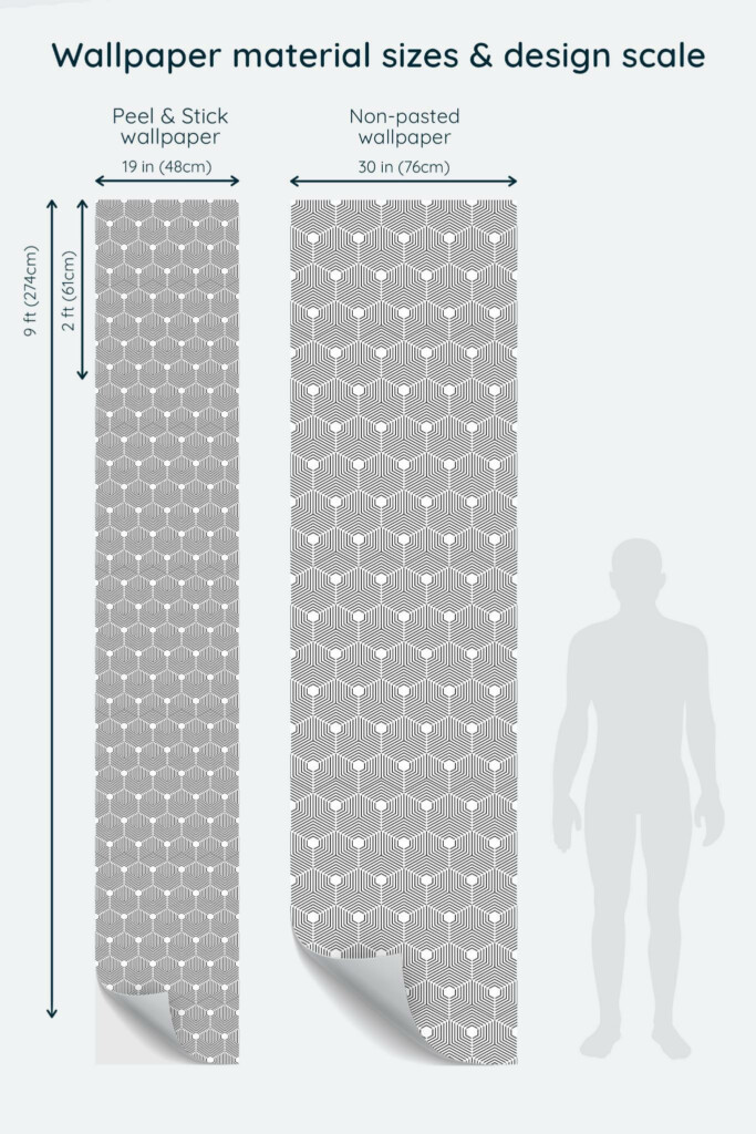 Size comparison of Geometric hexagon Peel & Stick and Non-pasted wallpapers with design scale relative to human figure