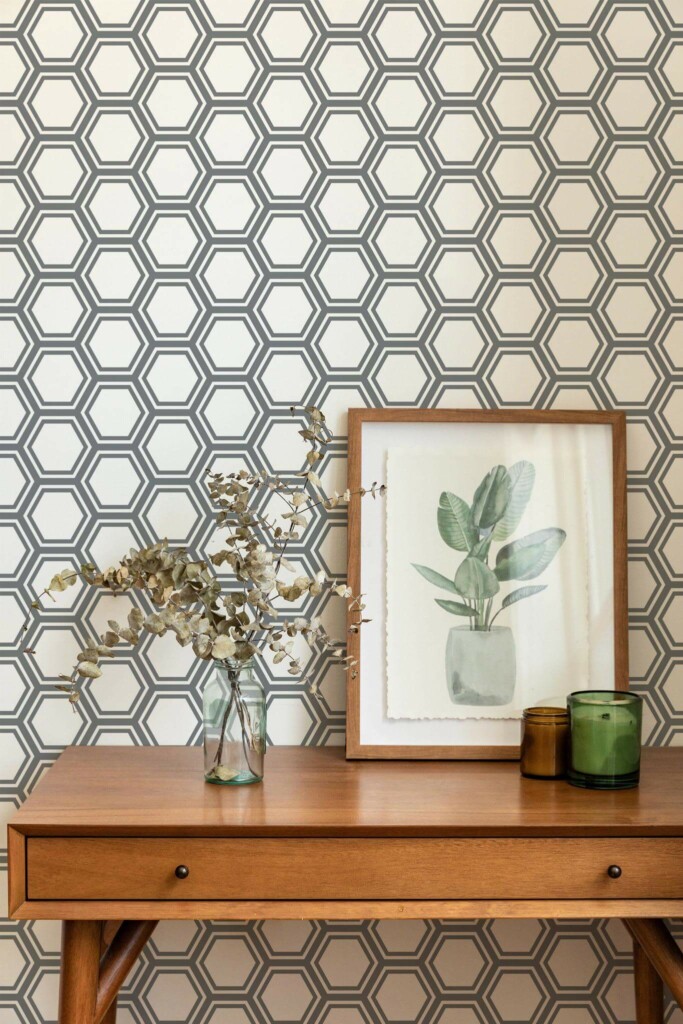 Mid-century modern style living room decorated with Geometric Honeycomb peel and stick wallpaper