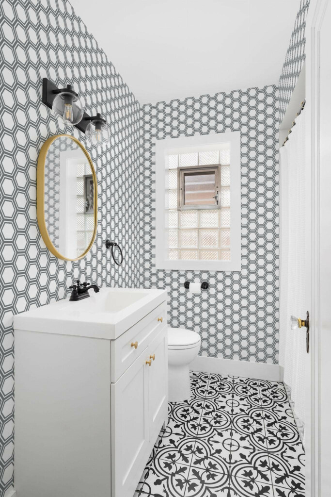Minimal style bathroom decorated with Geometric Honeycomb peel and stick wallpaper