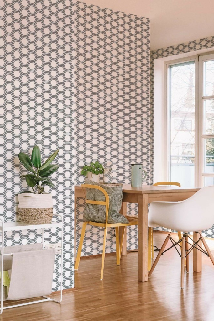 Minimal scandinavian style dining room decorated with Geometric Honeycomb peel and stick wallpaper