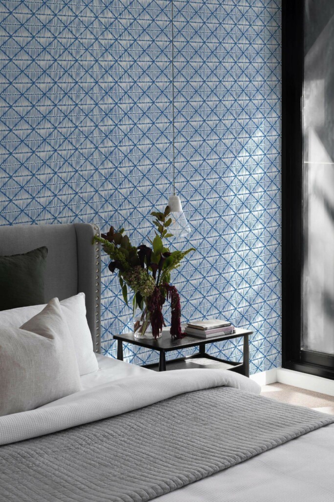 Scandinavian style bedroom decorated with Geometric ikat peel and stick wallpaper