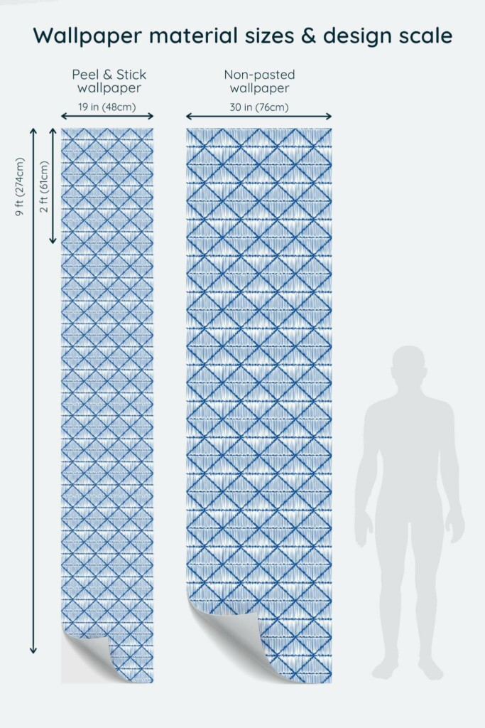Size comparison of Geometric ikat Peel & Stick and Non-pasted wallpapers with design scale relative to human figure