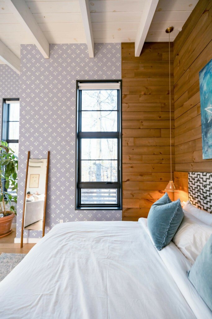 MId-century style bedroom decorated with Geometric lavender leaf peel and stick wallpaper