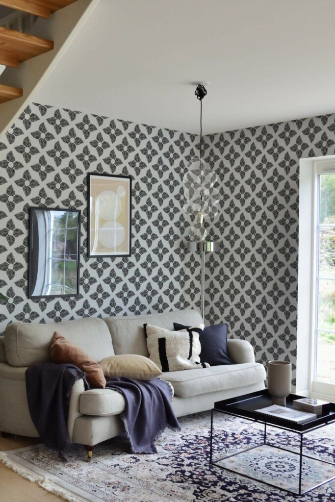 Contemporary style living room and kitchendecorated with Geometric leaf peel and stick wallpaper