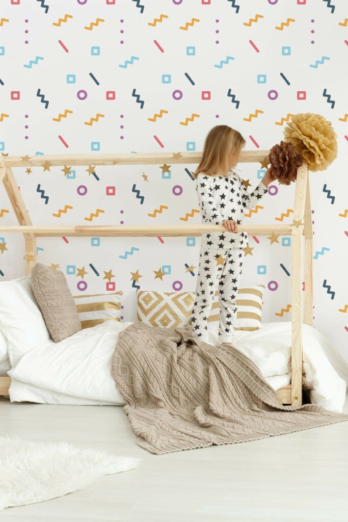 Bohemian style kids room decorated with Geometric memphis peel and stick wallpaper