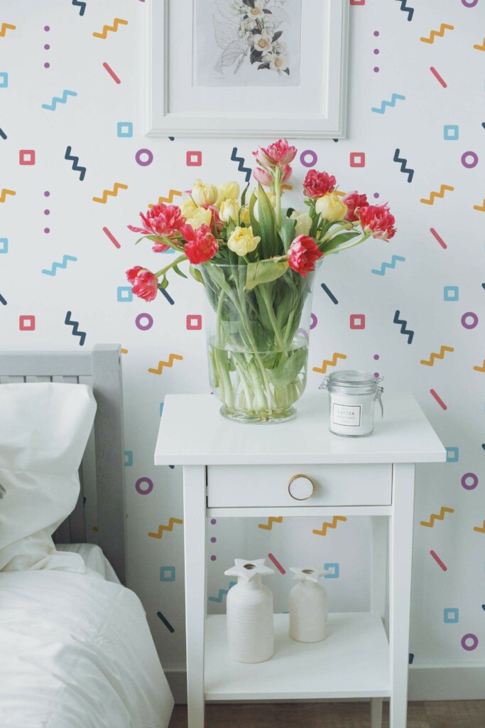 Farmhouse style bedroom decorated with Geometric memphis peel and stick wallpaper