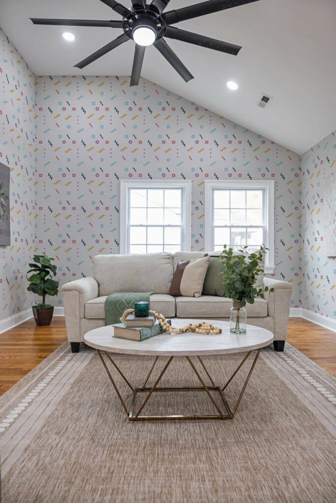 Scandinavian style living room decorated with Geometric memphis peel and stick wallpaper