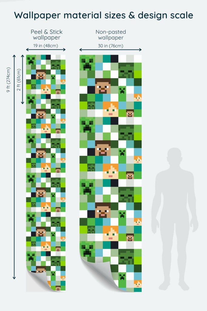Size comparison of Geometric Minecraft inspired Peel & Stick and Non-pasted wallpapers with design scale relative to human figure