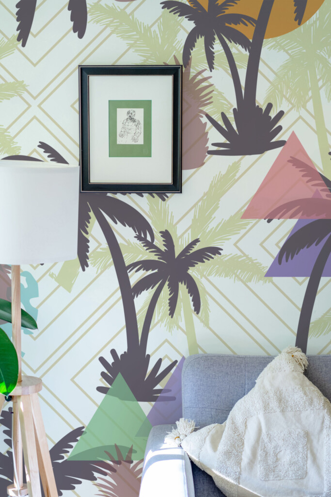 Wall mural peel and stick featuring playful pineapples and palm trees layered over soft triangles and vibrant circles by Fancy Walls