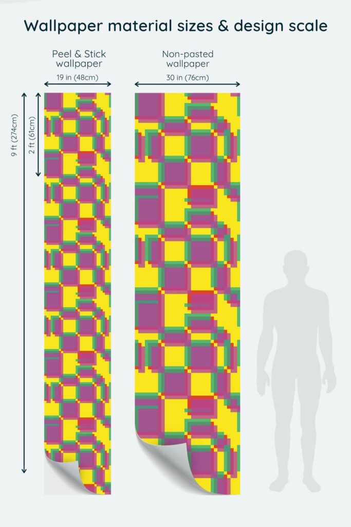 Size comparison of Geometric Op Art Peel & Stick and Non-pasted wallpapers with design scale relative to human figure