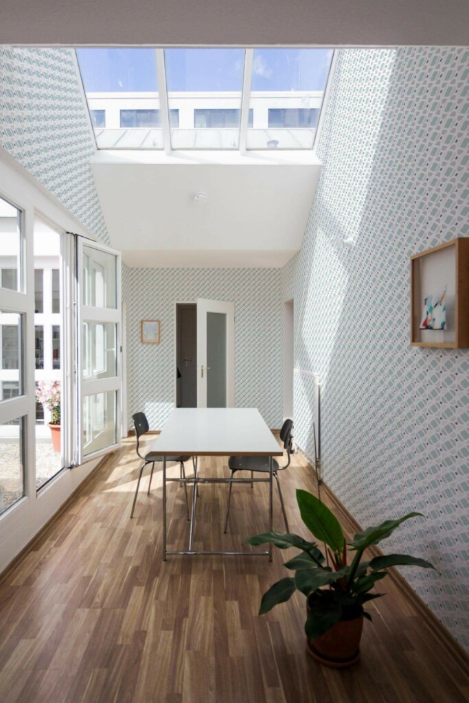 Minimal style dining room next to a balcony decorated with Geometric ornament peel and stick wallpaper