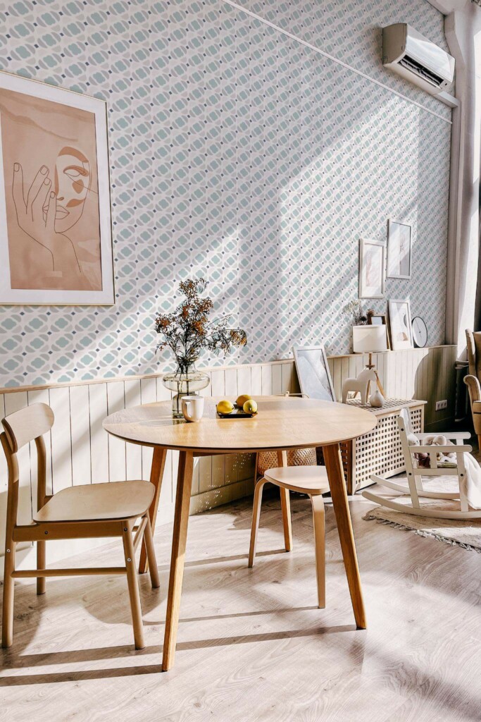 Modern boho style dining living room decorated with Geometric ornament peel and stick wallpaper