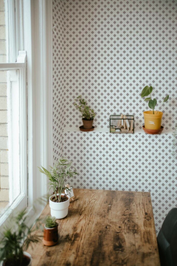 Farmhouse style home office decorated with Geometric ornament square peel and stick wallpaper