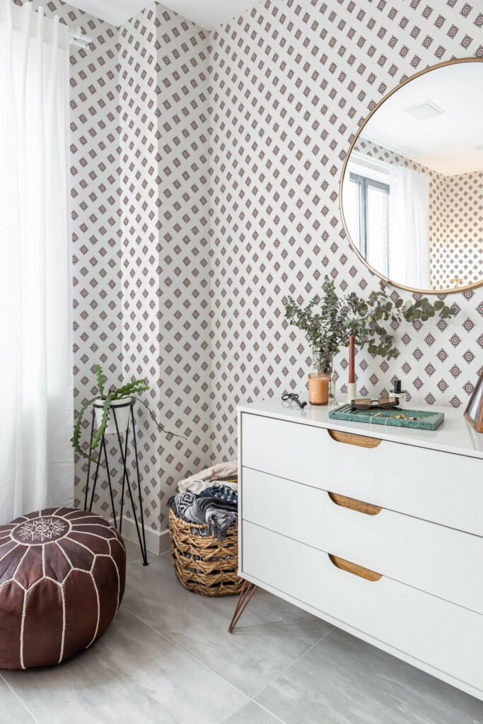 Minimal Mediterranean style powder room decorated with Geometric ornament square peel and stick wallpaper