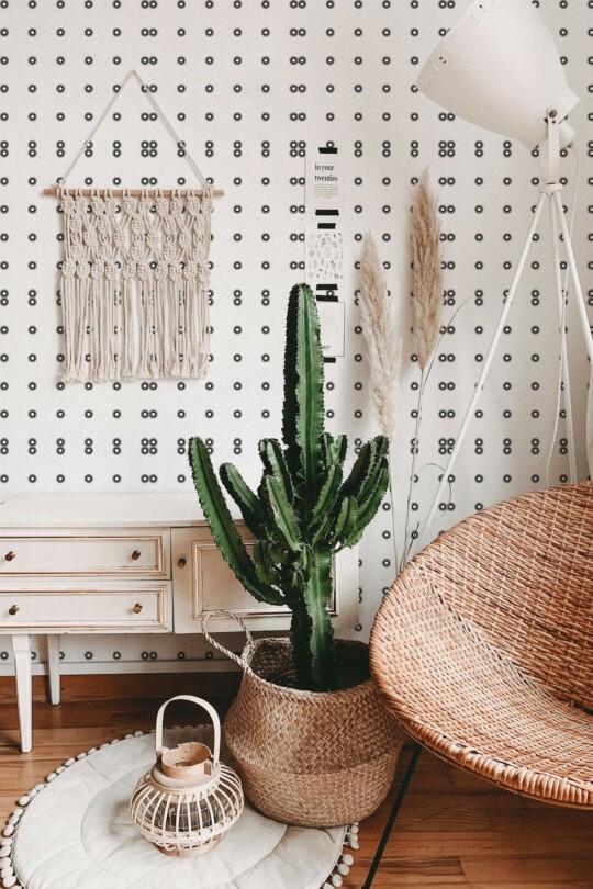 Bohemian style living room decorated with Geometric polka dot peel and stick wallpaper