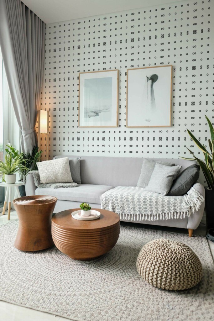 Modern scandinavian style living room decorated with Geometric polka dot peel and stick wallpaper and green plants