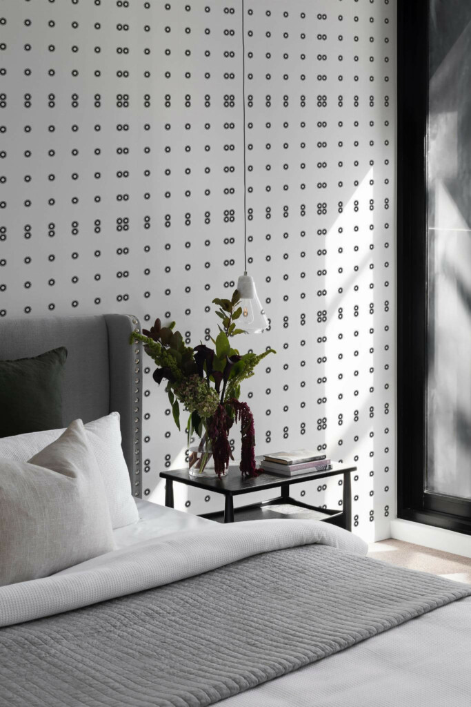 Scandinavian style bedroom decorated with Geometric polka dot peel and stick wallpaper