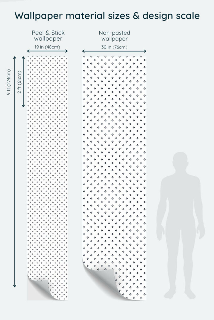 Size comparison of Geometric polka dot Peel & Stick and Non-pasted wallpapers with design scale relative to human figure