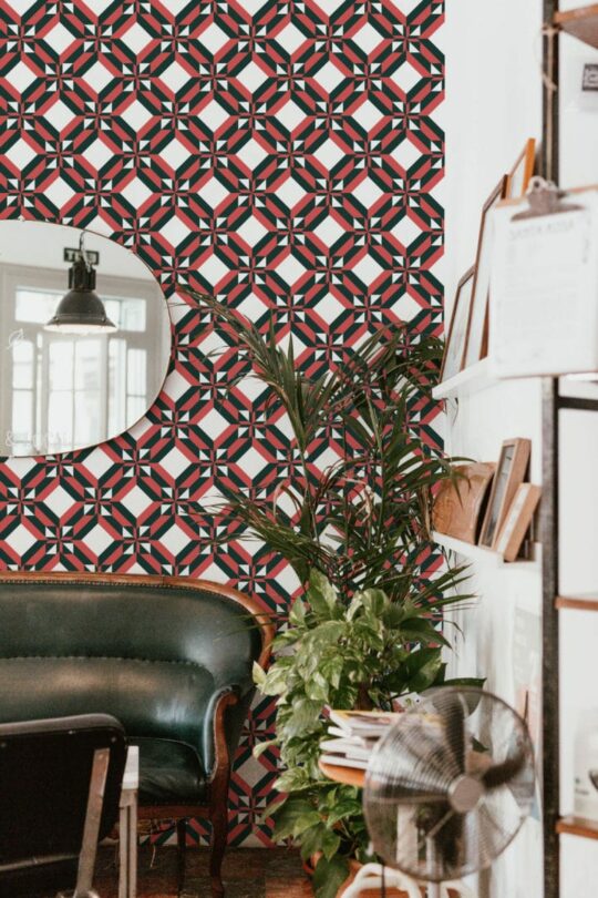 Red and black geometric ornament temporary wallpaper