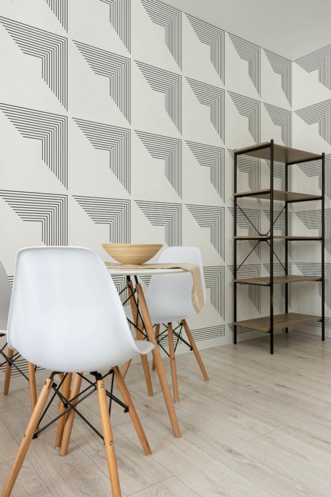 Minimalist style dining room decorated with Geometric peel and stick wallpaper