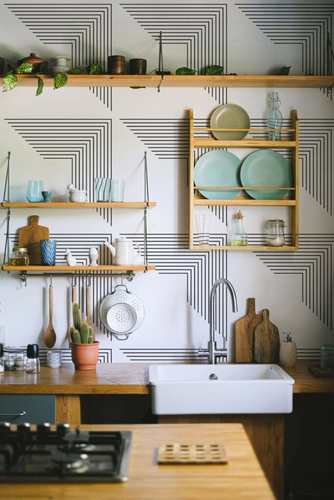 Rustic farmhouse style kitchen decorated with Geometric peel and stick wallpaper