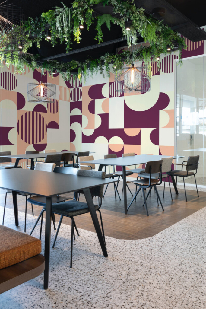 Wall paper mural in retro abstract style with peach and burgundy layers arranged geometrically, perfect for kitchen backsplashes or gallery-style accent walls. The Fancy Walls peel and stick or non-pasted wallpaper.