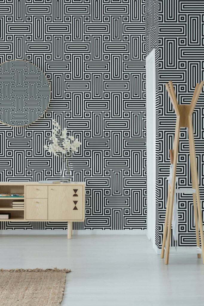 Minimal style entryway decorated with Geometric retro peel and stick wallpaper