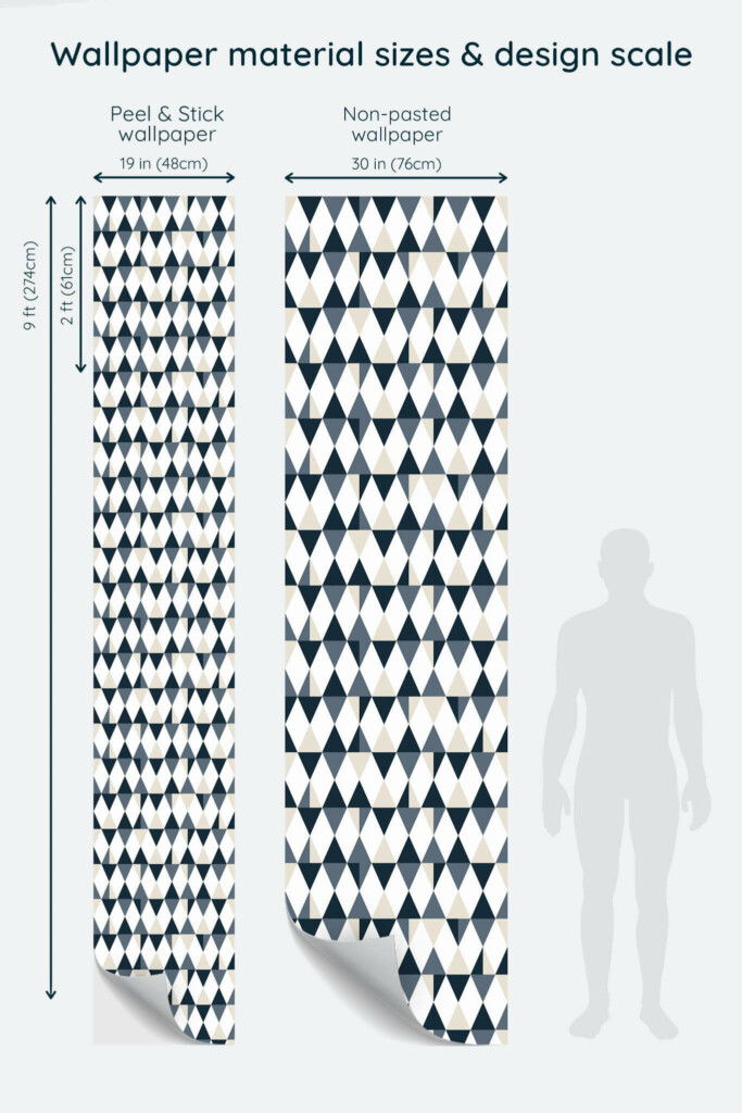 Size comparison of Geometric rhombus and triangle Peel & Stick and Non-pasted wallpapers with design scale relative to human figure