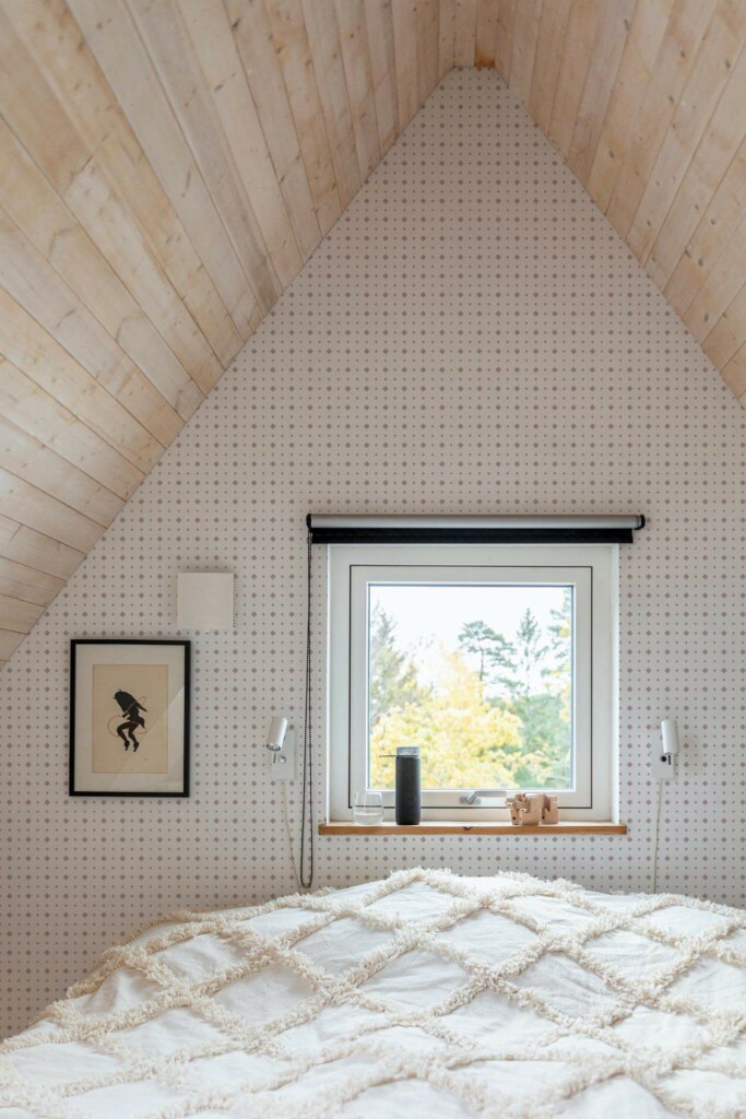 Light farmhouse style bedroom decorated with Geometric rhombus dots peel and stick wallpaper