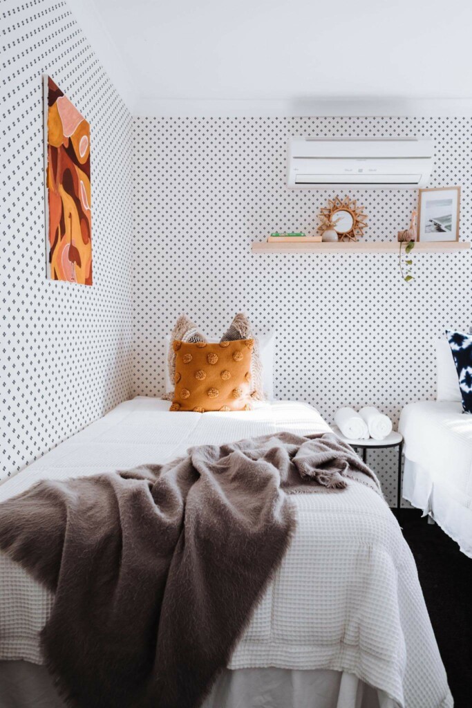 Boho style bedroom decorated with Geometric rhombus Polka Dot peel and stick wallpaper
