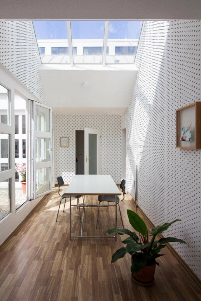 Minimal style dining room next to a balcony decorated with Geometric rhombus Polka Dot peel and stick wallpaper