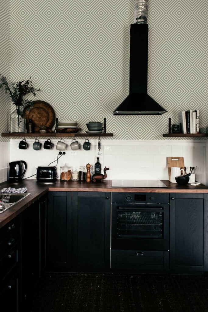 Dark industrial style kitchen decorated with Geometric rhombus peel and stick wallpaper