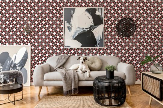 Red and black geometric ornament peel stick wallpaper
