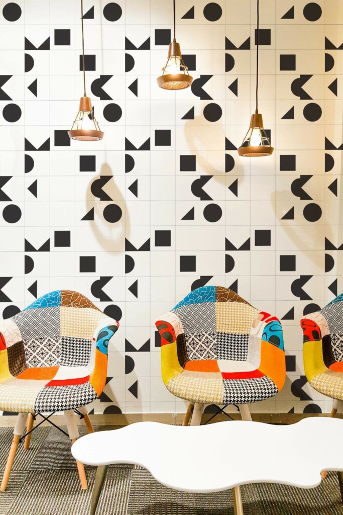 Mid-century modern style living room decorated with Geometric shapes grid peel and stick wallpaper