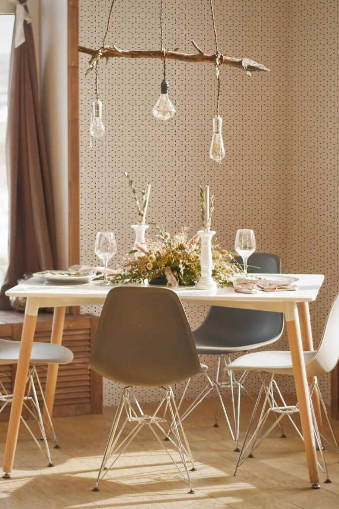 Modern boho style dining room decorated with Geometric short lines peel and stick wallpaper